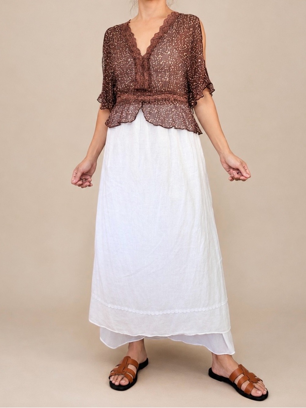 Heart Moon Star Y2K Sheer Lace Peplum Blouse Brown XS